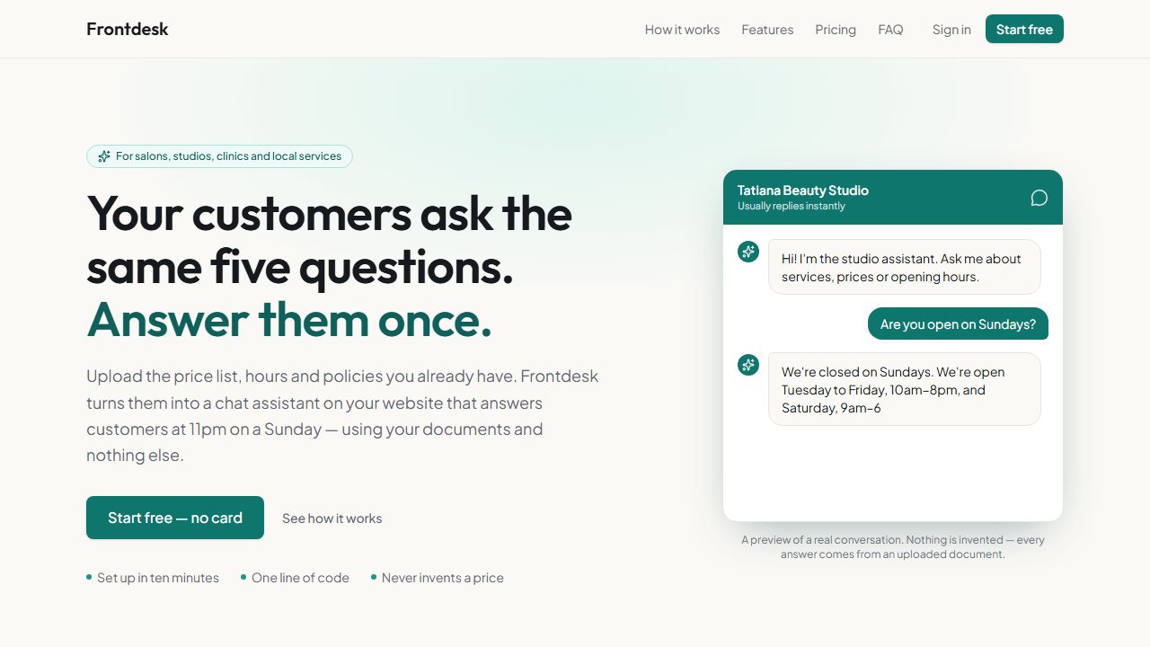 Frontdesk — embeddable AI chat assistant for local businesses